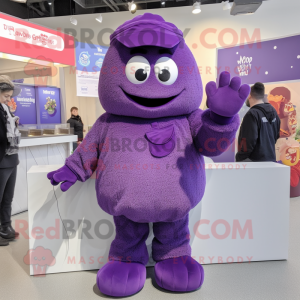 Purple Plum mascot costume character dressed with a Button-Up Shirt and Mittens