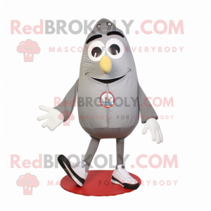 Gray Shakshuka mascot costume character dressed with a Jacket and Shoe laces