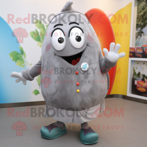 Gray Shakshuka mascot costume character dressed with a Jacket and Shoe laces