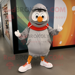 Gray Shakshuka mascot costume character dressed with a Jacket and Shoe laces