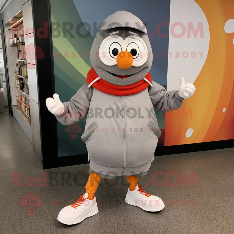 Gray Shakshuka mascot costume character dressed with a Jacket and Shoe laces Gray Shakshuka mascot costume character dressed with a Jacket and Shoe laces