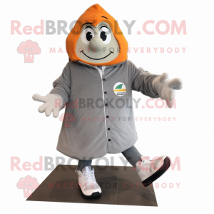 Gray Shakshuka mascot costume character dressed with a Jacket and Shoe laces