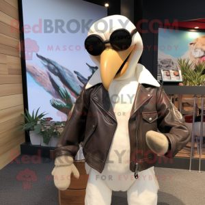 Cream Albatross mascot costume character dressed with a Biker Jacket and Reading glasses