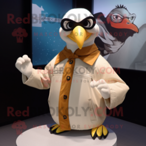 Cream Albatross mascot costume character dressed with a Biker Jacket and Reading glasses