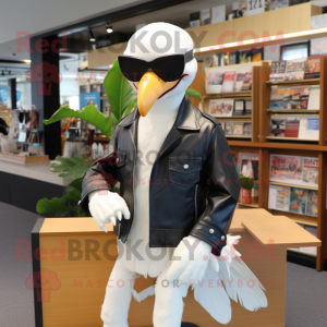 Cream Albatross mascot costume character dressed with a Biker Jacket and Reading glasses