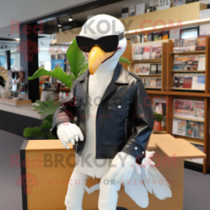 Cream Albatross mascot costume character dressed with a Biker Jacket and Reading glasses