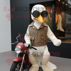 Cream Albatross mascot costume character dressed with a Biker Jacket and Reading glasses