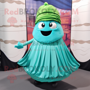 Turquoise Cucumber mascot costume character dressed with a Pleated Skirt and Berets