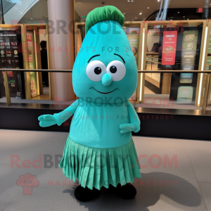 Turquoise Cucumber mascot costume character dressed with a Pleated Skirt and Berets