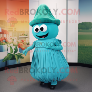 Turquoise Cucumber mascot costume character dressed with a Pleated Skirt and Berets