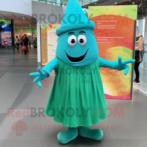 Turquoise Cucumber mascot costume character dressed with a Pleated Skirt and Berets