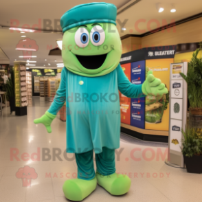 Teal Celery mascot costume character dressed with a Jumpsuit and Caps