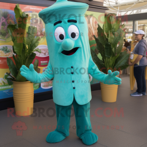 Teal Celery mascot costume character dressed with a Jumpsuit and Caps