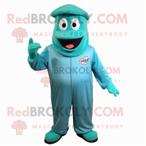 Teal Celery mascot costume character dressed with a Jumpsuit and Caps