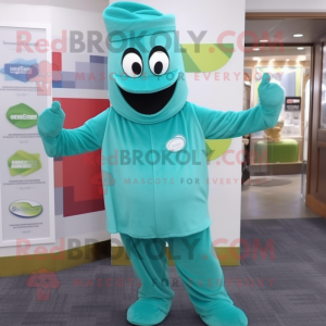 Teal Celery mascot costume character dressed with a Jumpsuit and Caps