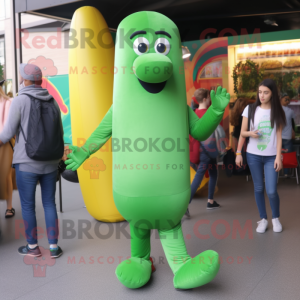 Green Hot Dogs mascot costume character dressed with a Skinny Jeans and Wraps