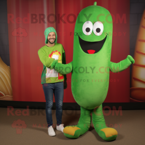 Green Hot Dogs mascot costume character dressed with a Skinny Jeans and Wraps