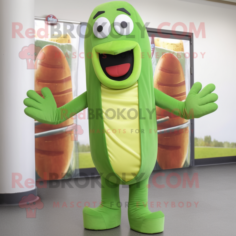Green Hot Dogs mascot costume character dressed with a Skinny Jeans and Wraps Green Hot Dogs mascot costume character dressed with a Skinny Jeans and Wraps