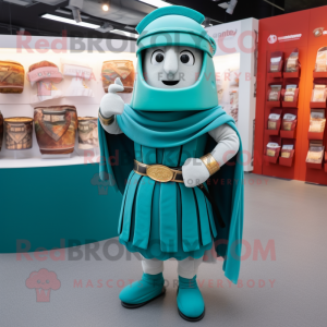 Personaje de traje de mascota de soldado romano verde azulado vestido con un vestido y alfileres de mantón