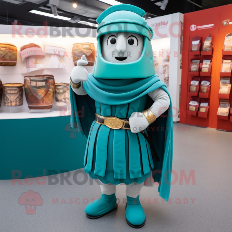 Teal Roman Soldier mascot costume character dressed with a Dress and Shawl pins Teal Roman Soldier mascot costume character dressed with a Dress and Shawl pins