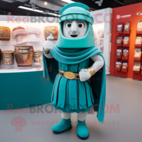 Teal Roman Soldier mascot costume character dressed with a Dress and Shawl pins