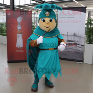 Teal Roman Soldier mascot costume character dressed with a Dress and Shawl pins