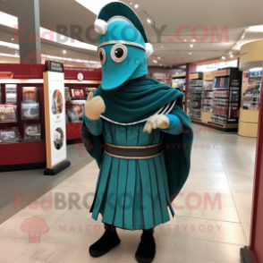 Teal Roman Soldier mascot costume character dressed with a Dress and Shawl pins