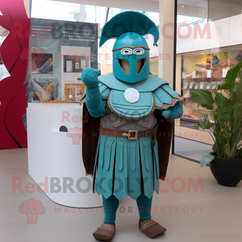 Teal Roman Soldier mascot costume character dressed with a Dress and Shawl pins