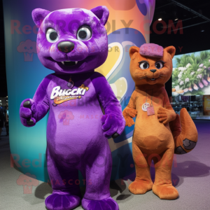 Purple Jaguarundi mascot costume character dressed with a Bikini and Brooches