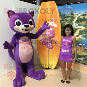 Purple Jaguarundi mascot costume character dressed with a Bikini and Brooches