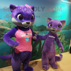 Purple Jaguarundi mascot costume character dressed with a Bikini and Brooches