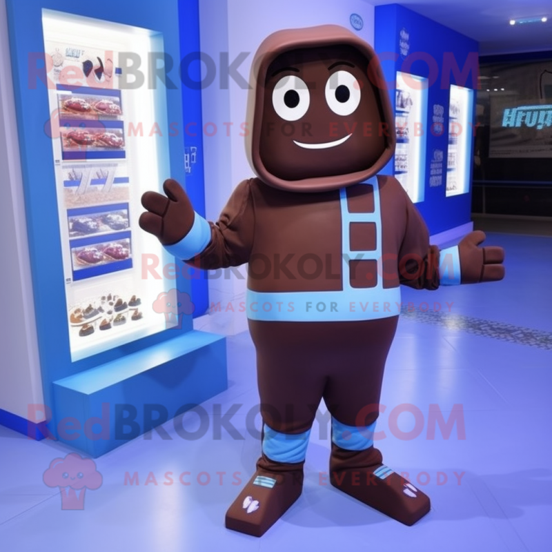 Blue Chocolate Bars mascot costume character dressed with a Hoodie and Anklets