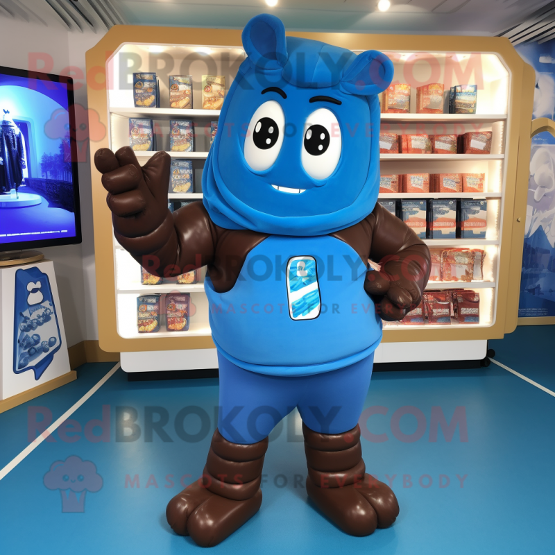 Blue Chocolate Bars mascot costume character dressed with a Hoodie and Anklets