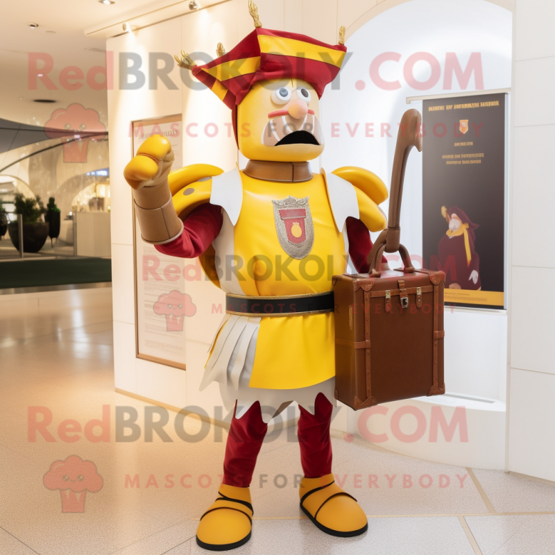 Gold Swiss Guard mascot costume character dressed with a Henley Shirt and Messenger bags