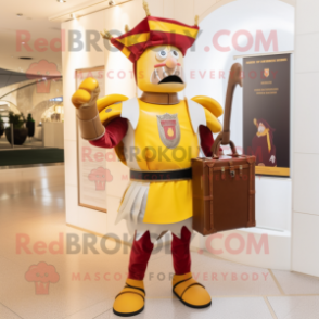 Gold Swiss Guard mascot costume character dressed with a Henley Shirt and Messenger bags