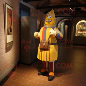 Gold Swiss Guard mascot costume character dressed with a Henley Shirt and Messenger bags