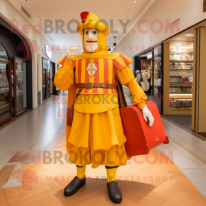 Gold Swiss Guard mascot costume character dressed with a Henley Shirt and Messenger bags