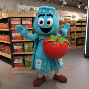 Turquoise Tomato mascot costume character dressed with a Cardigan and Tote bags