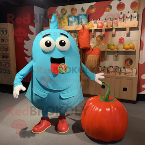 Turquoise Tomato mascot costume character dressed with a Cardigan and Tote bags