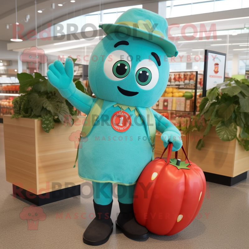 Turquoise Tomato mascot costume character dressed with a Cardigan and Tote bags