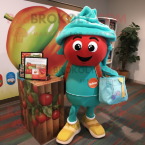 Turquoise Tomato mascot costume character dressed with a Cardigan and Tote bags
