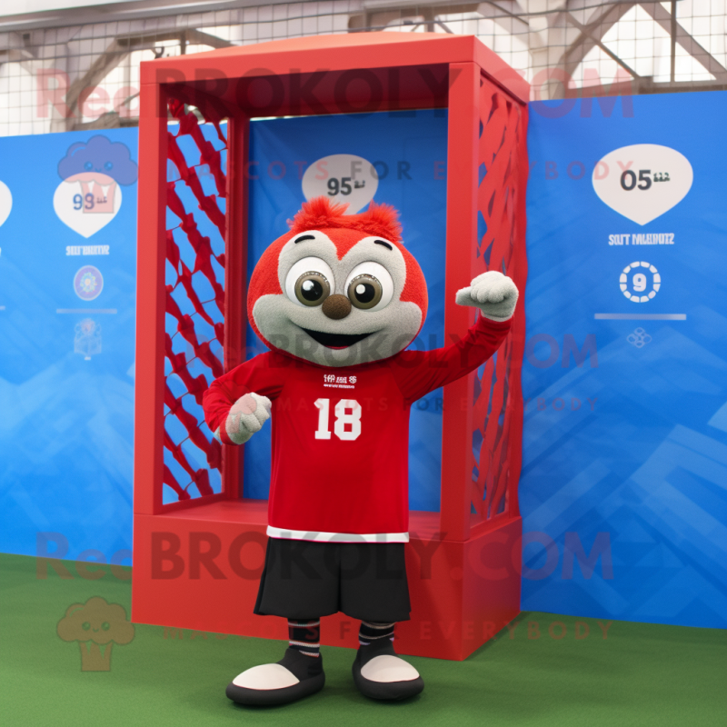 Red Soccer Goal mascot costume character dressed with a Vest and Watches