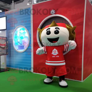 Personaje de traje de mascota Red Soccer Goal vestido con un chaleco y relojes