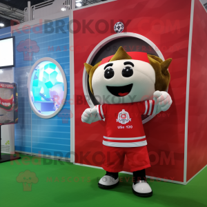 Red Soccer Goal mascot costume character dressed with a Vest and Watches