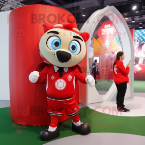 Red Soccer Goal mascot costume character dressed with a Vest and Watches