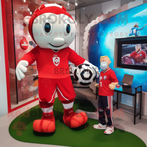 Red Soccer Goal mascot costume character dressed with a Vest and Watches