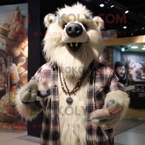 Beige Sloth Bear mascot costume character dressed with a Flannel Shirt and Necklaces