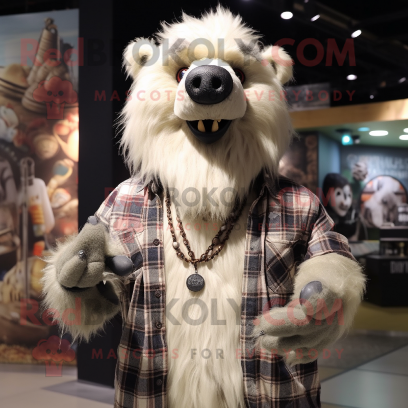 Beige Sloth Bear mascot costume character dressed with a Flannel Shirt and Necklaces Beige Sloth Bear mascot costume character dressed with a Flannel Shirt and Necklaces