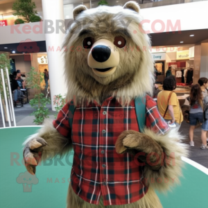 Beige Sloth Bear mascot costume character dressed with a Flannel Shirt and Necklaces
