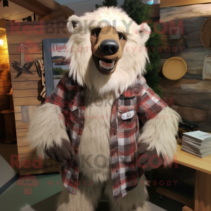 Beige Sloth Bear mascot costume character dressed with a Flannel Shirt and Necklaces